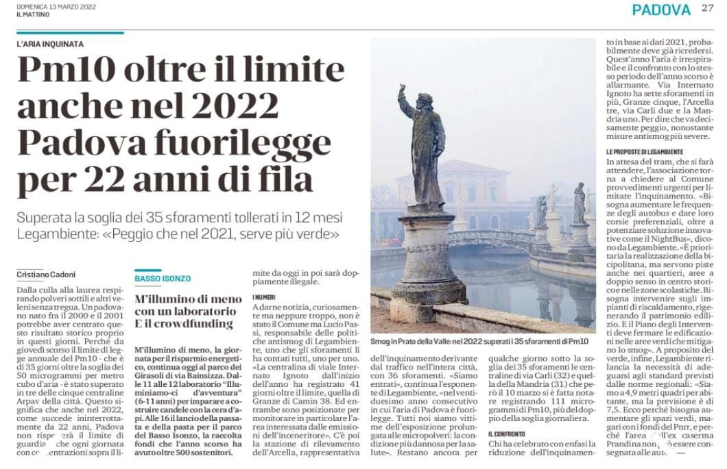 Articolo-Il-Mattino-Legambiente-Padova-smog-2022
